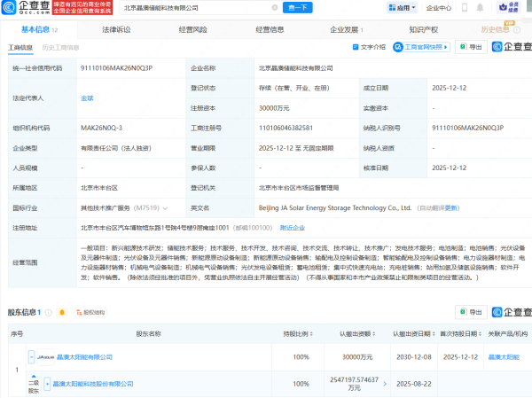 黄金炒股配资网 晶澳科技在北京成立储能科技公司，注册资本3亿元